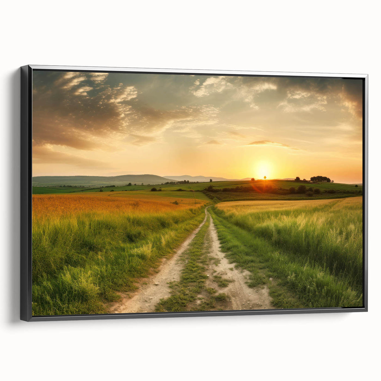 Framed canvas wall art showcasing a scenic landscape with winding roads and vibrant greenery, presented in a sleek black frame, perfect for home decor.