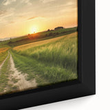 Framed canvas wall art featuring a vibrant landscape design with winding roads and lush greenery, ideal for home decor. Close-up shows intricate details and textures.