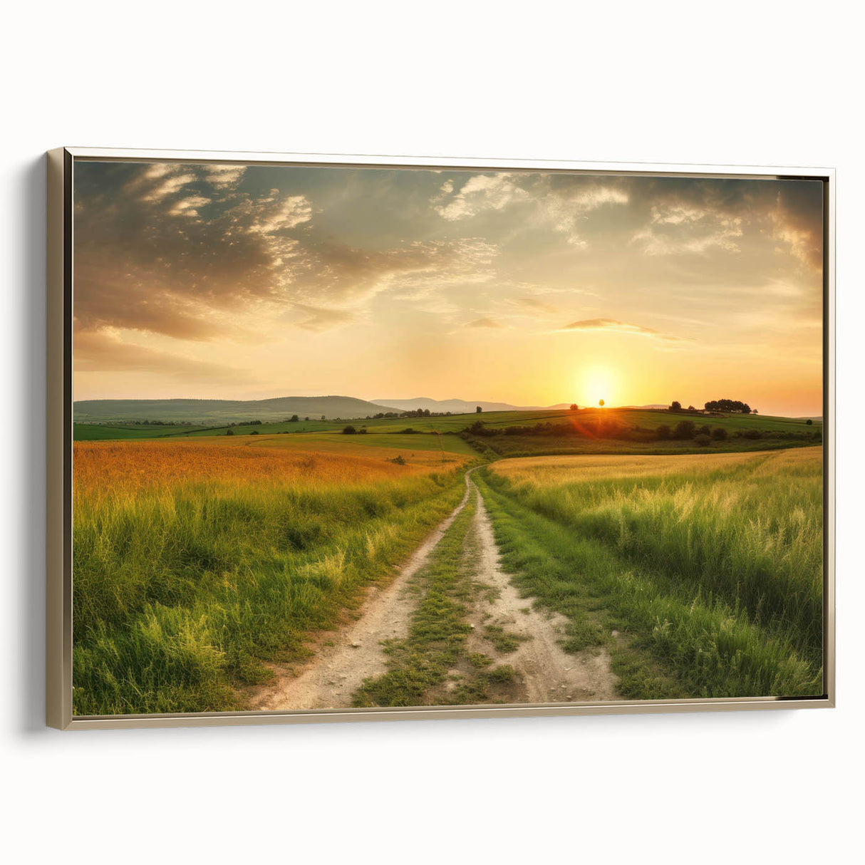 Framed canvas wall art showcasing a modern landscape design with vibrant colors and a gold frame, perfect for enhancing home decor in living spaces.