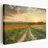 Stretched canvas wall art showcasing a vibrant landscape design with winding roads and lush greenery, perfect for enhancing home decor in modern interiors.