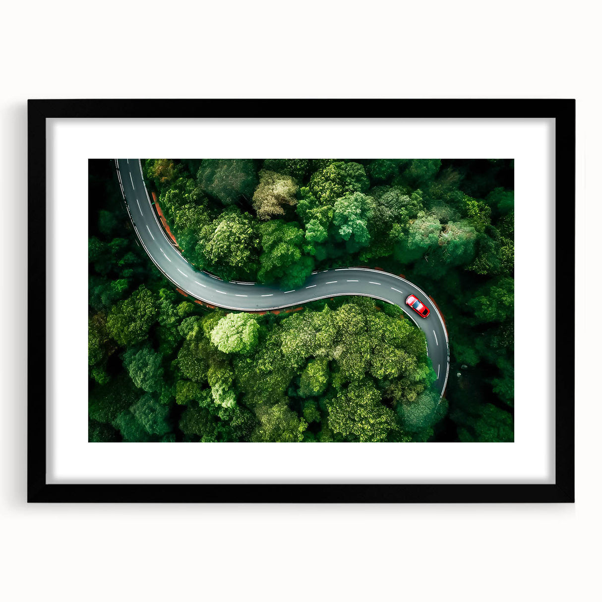 Framed wall art of a scenic landscape featuring winding roads, surrounded by a stylish black mat, ideal for enhancing modern home decor.