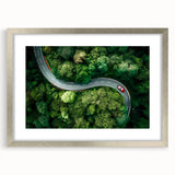 Framed wall art featuring a scenic landscape design with a silver mat, showcasing a tranquil road surrounded by lush greenery, perfect for home decor enhancement.