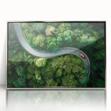 Framed acrylic wall art showcasing a scenic landscape with winding roads and vibrant colors, designed to enhance modern home decor. The sleek silver frame adds a touch of elegance, making it a perfect focal point for any room.