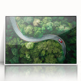 Framed acrylic wall art showcasing a serene landscape with winding roads, designed in a modern style, featuring a crisp white frame that enhances the artwork's vibrant colors. Perfect for home decor or office settings.