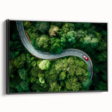 Framed canvas wall art showcasing a modern landscape design featuring winding roads and vibrant colors, displayed from a side view against a neutral background.