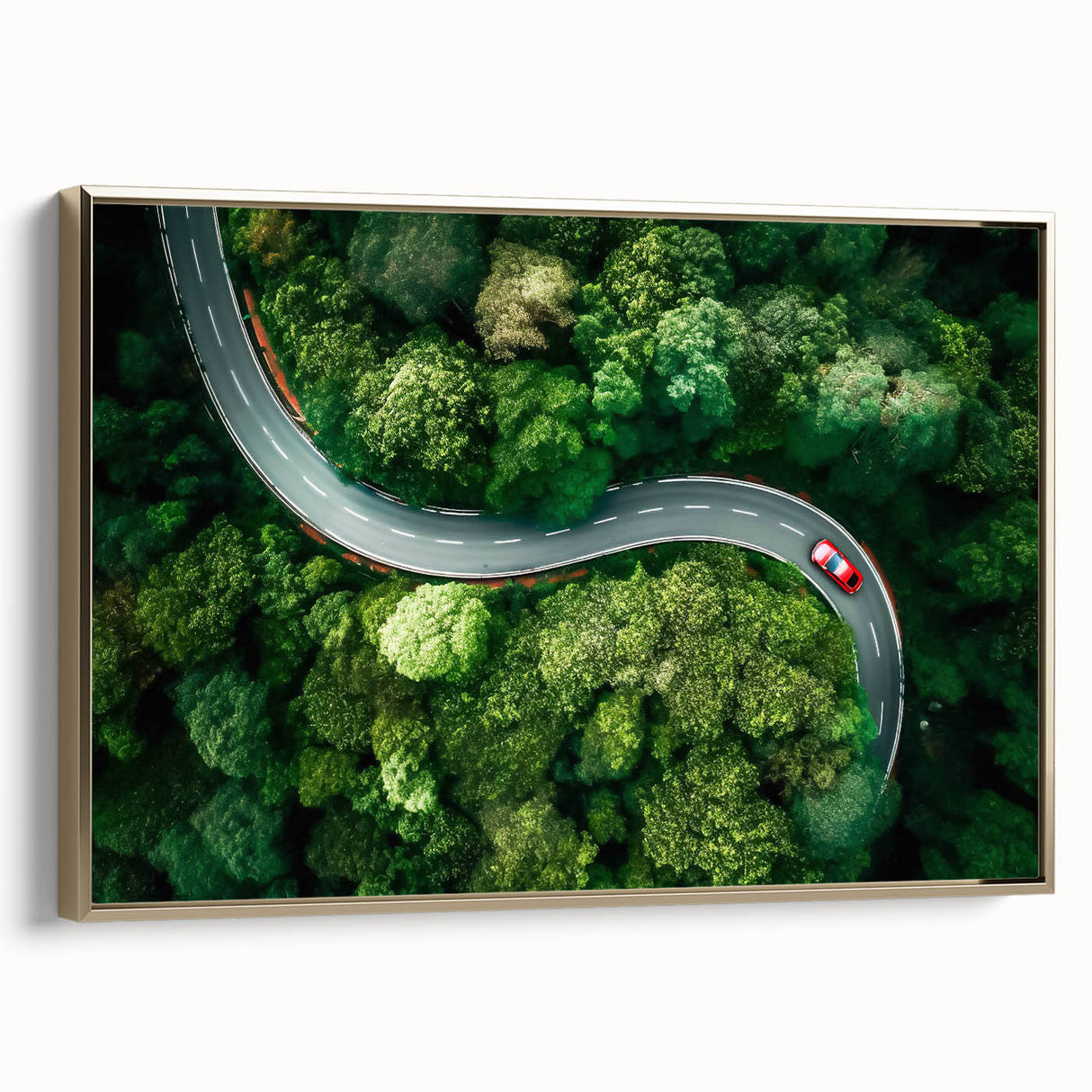 Framed canvas wall art showcasing a serene landscape with winding roads, featuring a rich gold border, perfect for enhancing modern home decor.