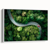 Framed canvas wall art showcasing a serene landscape with winding roads and lush greenery, set against a white background for a modern aesthetic. Perfect for home decor.