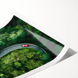 Vibrant rolled print showcasing a serene landscape road design, featuring lush greenery and blue skies, packaged securely in a protective cardboard tube. Perfect for home decor enthusiasts.