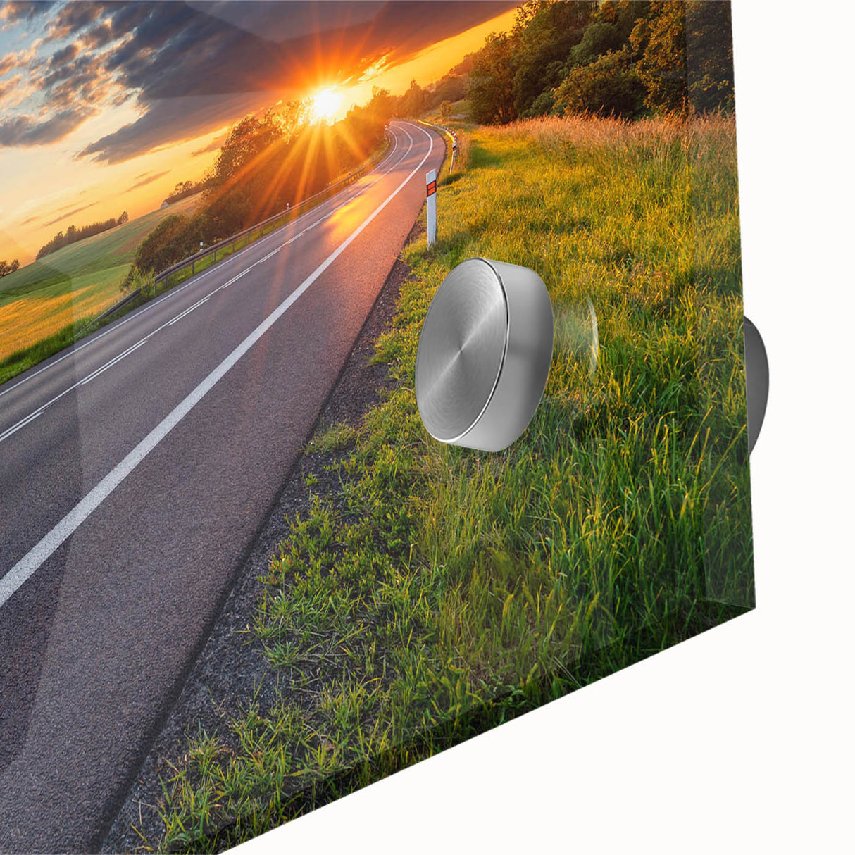 Close-up of a vibrant acrylic landscape wall art design showcasing winding roads and lush scenery, perfect for modern home decor and artistic interiors.