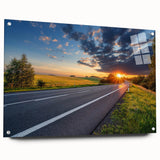 Acrylic glass wall art showcasing a vibrant landscape and road design, side view with pins, perfect for modern home decor and interior design enthusiasts.