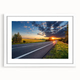 Framed wall art showcasing a serene landscape road design with a white mat, ideal for modern home decor. Perfect for enhancing living spaces and adding tranquility.
