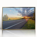 Framed wall art showcasing a stunning landscape road design with gold accents, perfect for modern home decor. This artwork adds elegance and depth to any room.