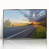 Framed acrylic wall art showcasing a serene landscape road design with silver accents, ideal for modern interior decor, enhancing any living space.