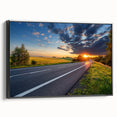 Framed canvas wall art depicting a modern landscape design featuring winding roads and vibrant natural scenery, presented in a sleek black frame, ideal for home decor.