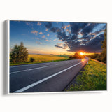 Framed canvas wall art showcasing a serene landscape with winding roads, featuring soft pastel colors and a modern design, ideal for home decor enhancement.
