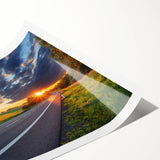 Abstract landscape wall art print showcasing vibrant colors and intricate road designs, rolled for easy storage and display, ideal for modern home decor.