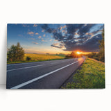Stretched canvas artwork showcasing a serene landscape road design, featuring vibrant colors and a modern aesthetic, ideal for enhancing home decor.