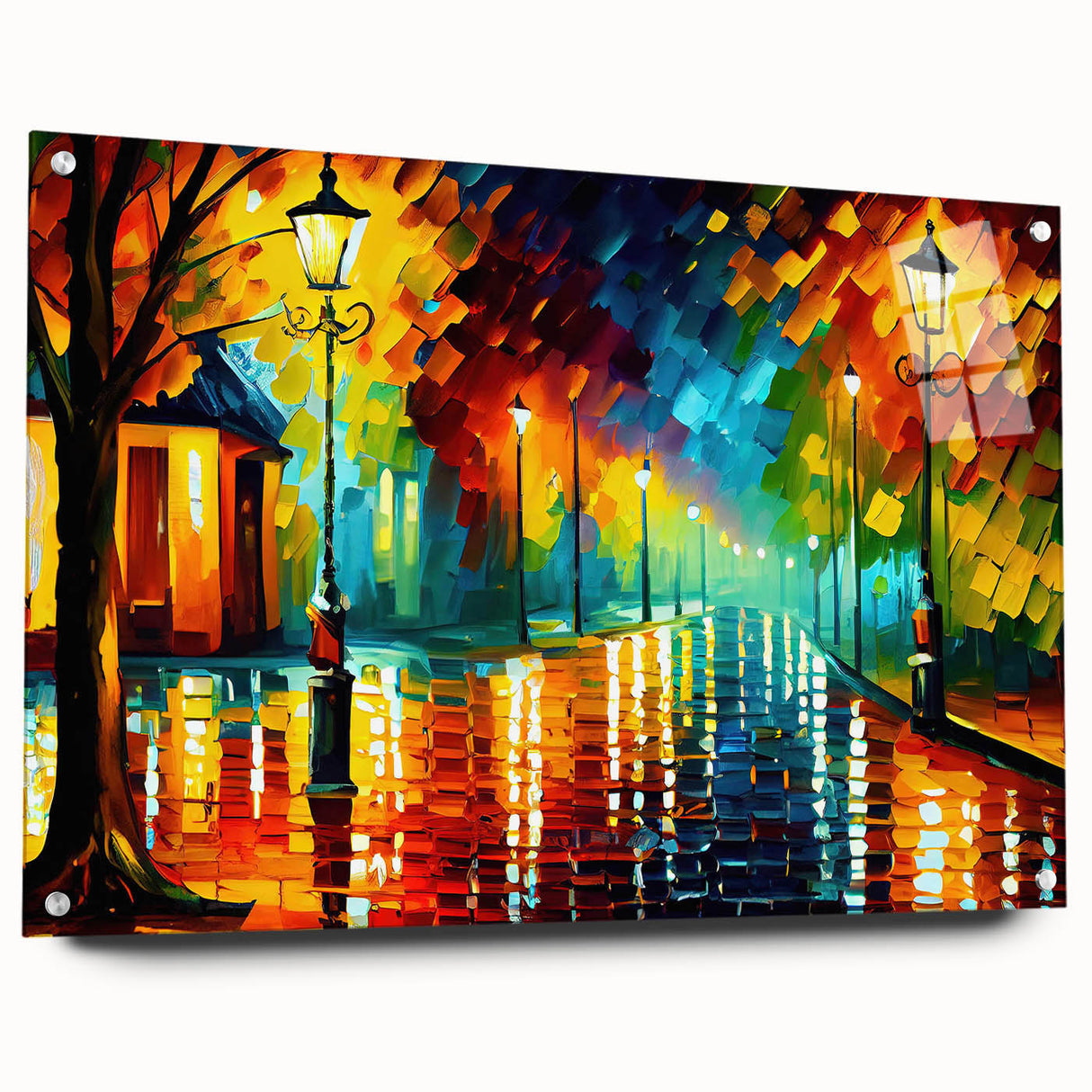 Acrylic glass wall art piece showcasing a vibrant landscape road design, presented in a side view with decorative pins, perfect for modern home decor.