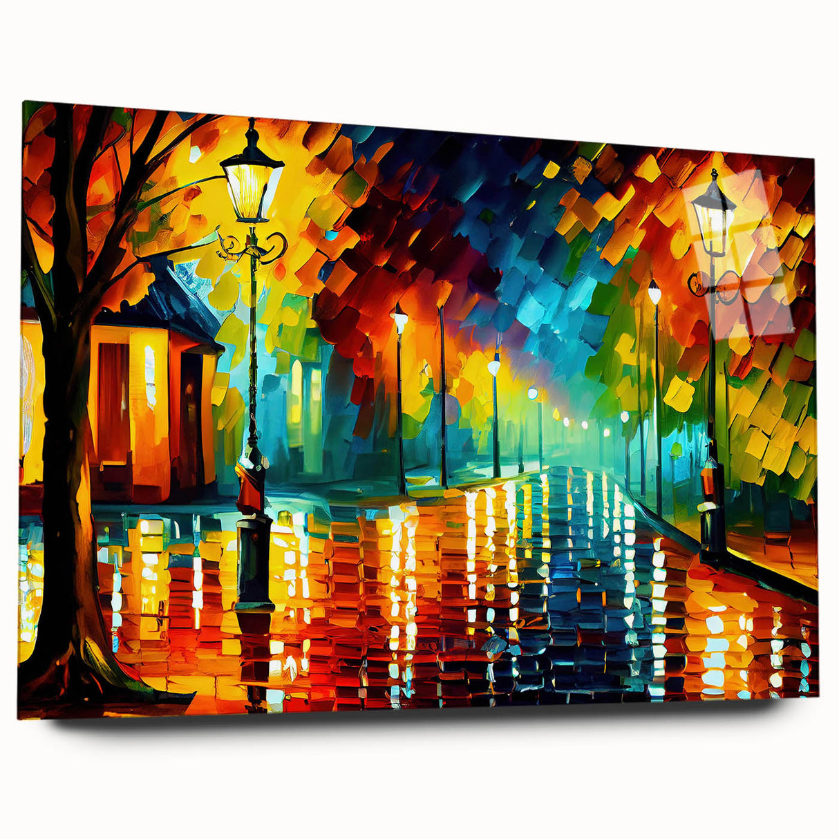 Acrylic wall art piece showcasing a vibrant landscape design featuring winding roads, displayed in a modern setting without pins, ideal for home decor.