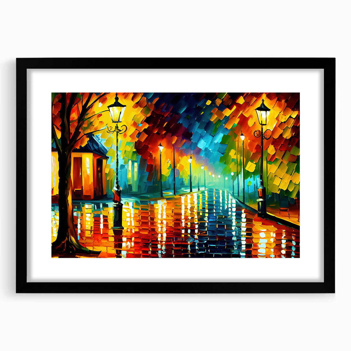 Framed wall art collection showcasing a scenic landscape with vibrant colors, set in a sleek black frame with a mat, ideal for home decor enhancement.