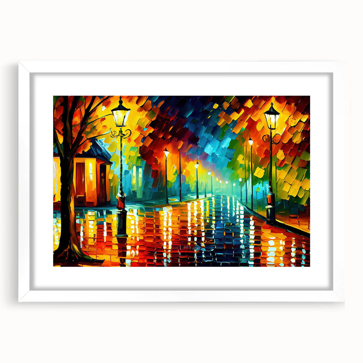 Framed wall art featuring a scenic landscape design with a white mat, showcasing vibrant colors and intricate details, ideal for home decor or office spaces.
