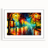Framed wall art featuring a scenic landscape design with a white mat, showcasing vibrant colors and intricate details, ideal for home decor or office spaces.