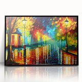 Framed wall art of a serene landscape with winding roads, featuring vibrant colors and a sleek black frame, ideal for modern home decor.