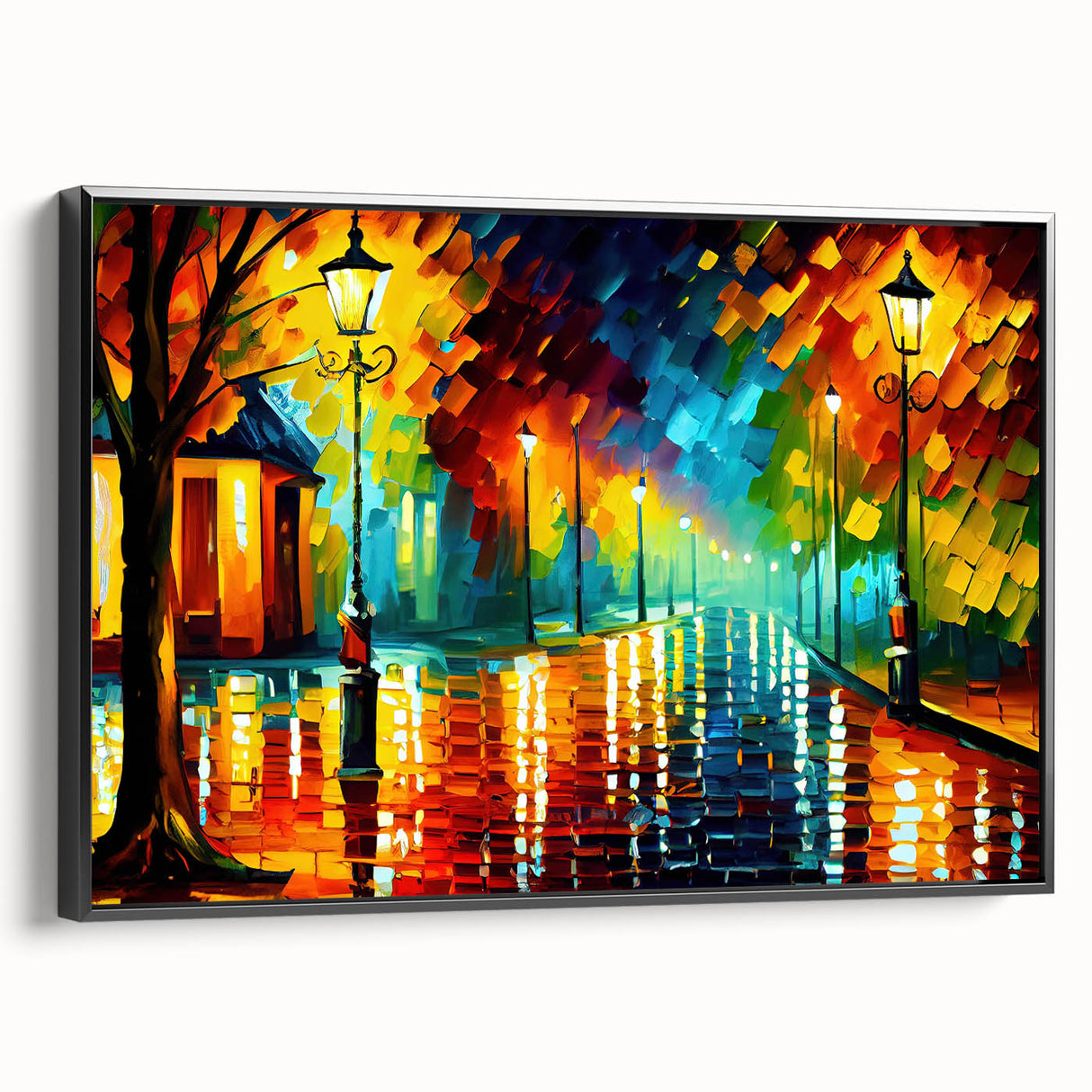 Framed canvas wall art depicting a serene landscape with winding roads and vibrant colors, set against a black frame, perfect for modern home decor.