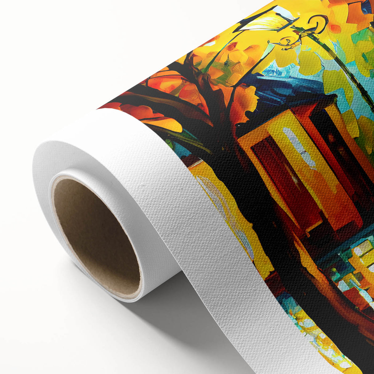 Rolled canvas wall art showcasing a vibrant landscape road design with rich colors and intricate details, perfect for home decor or office space enhancement.