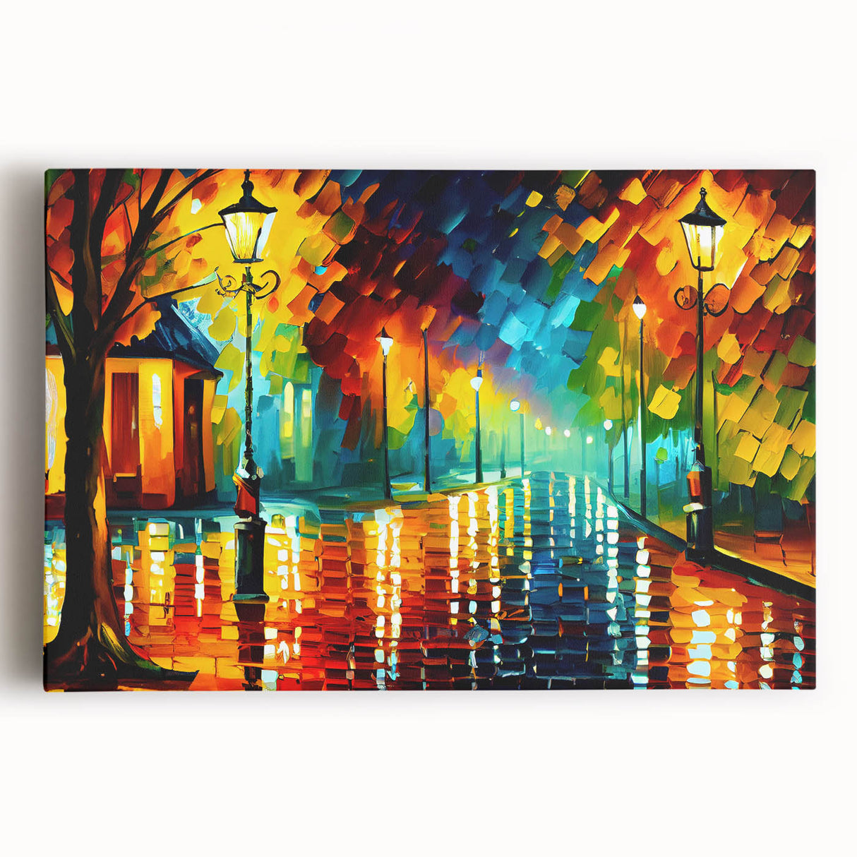Stretched canvas wall art featuring a vibrant landscape design with winding roads, showcasing rich greens and blues, perfect for home decor.
