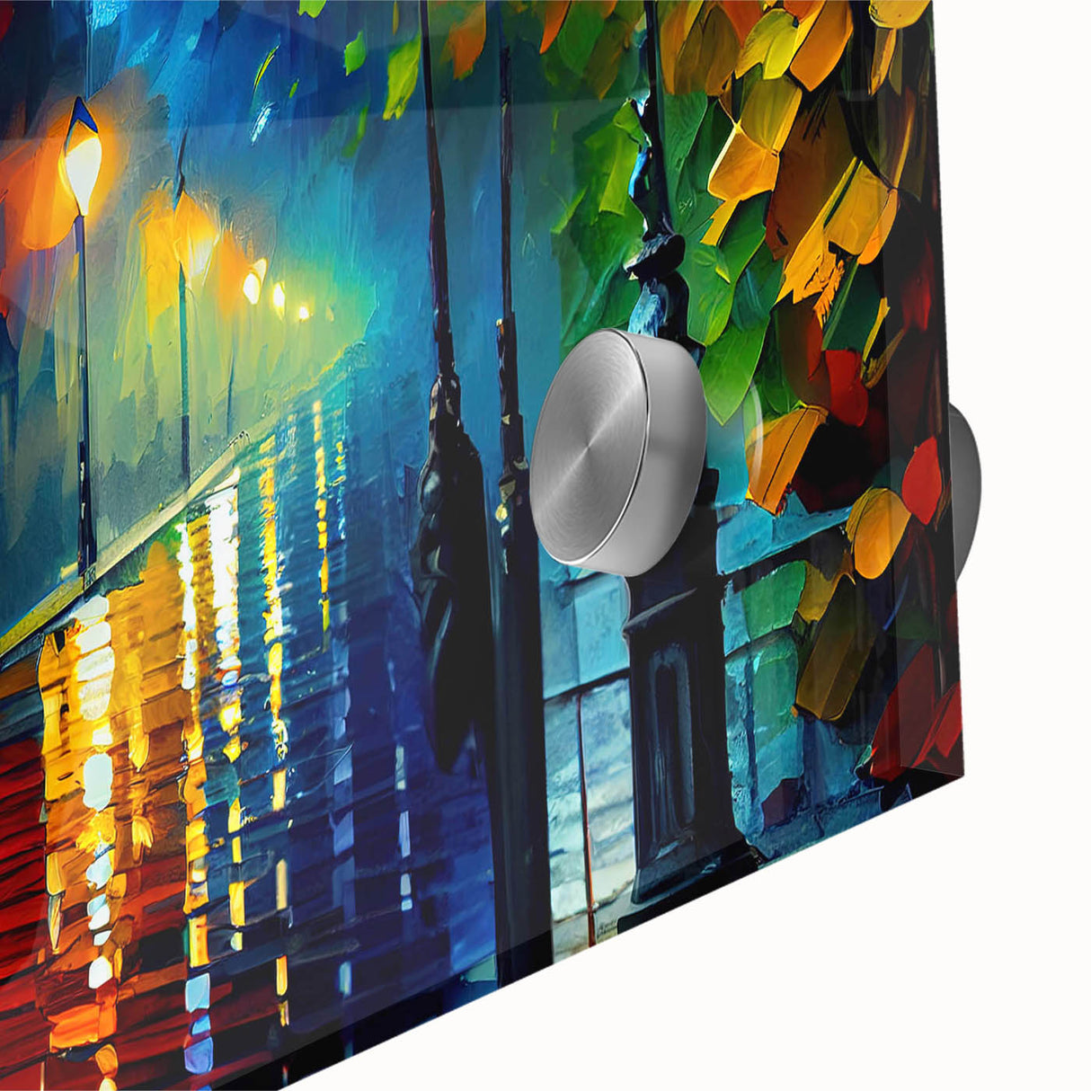 Close-up of a vibrant acrylic glass artwork showcasing a modern landscape road design, featuring bold colors and intricate details, perfect for contemporary home decor.