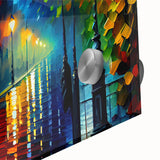 Close-up of a vibrant acrylic glass artwork showcasing a modern landscape road design, featuring bold colors and intricate details, perfect for contemporary home decor.
