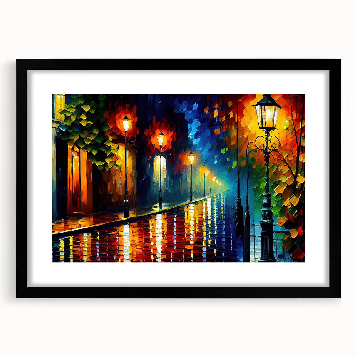 Framed wall art featuring a vibrant landscape road design in a sleek black frame with a white mat, perfect for modern home decor. Ideal for enhancing any room’s aesthetic.