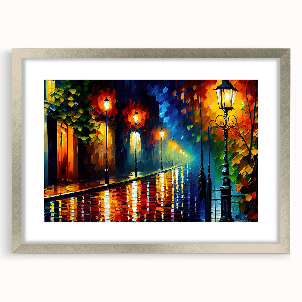 Framed silver wall art featuring a serene landscape road design, showcasing vibrant colors and intricate details, perfect for enhancing modern home decor.