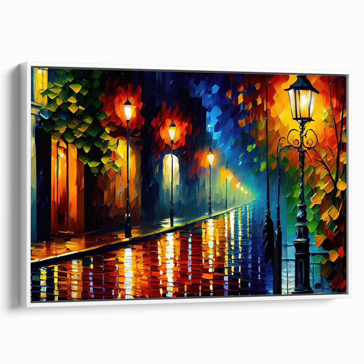 Framed canvas artwork showcasing a serene landscape with winding roads, featuring vibrant colors and intricate details, ideal for home decor and modern design aesthetics.