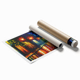 Vibrant rolled print showcasing a scenic landscape design with winding roads and lush greenery, ideal for home decor or office art display.