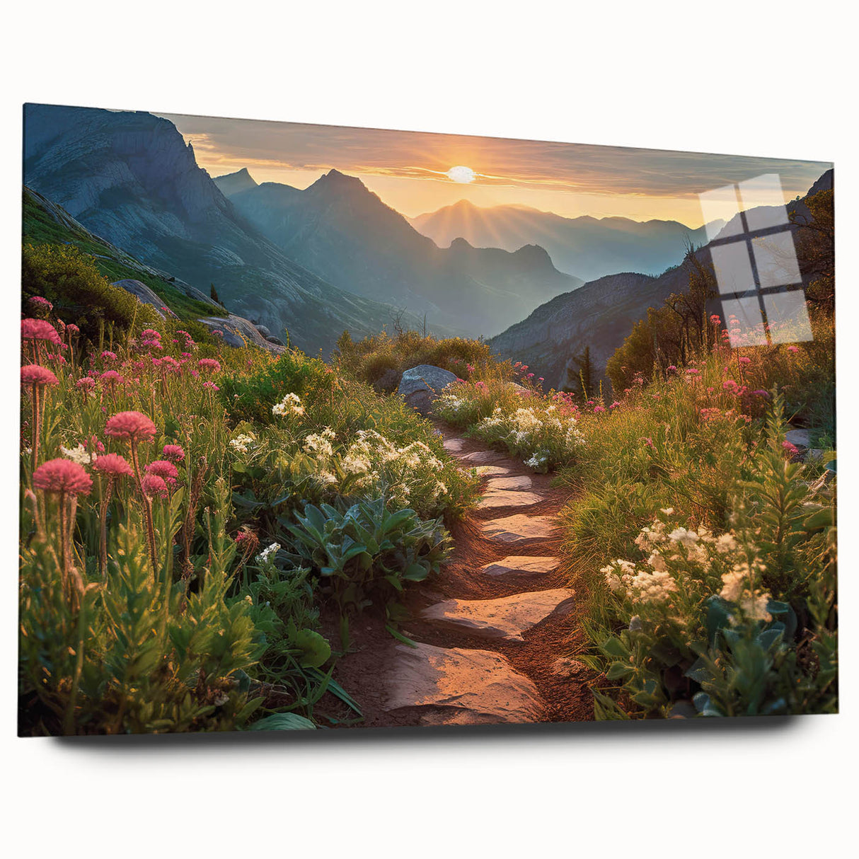 Acrylic glass wall art showcasing a vibrant landscape design with winding roads, displayed from a side view, ideal for modern home decor. Perfect for enhancing interior spaces with a colorful touch.