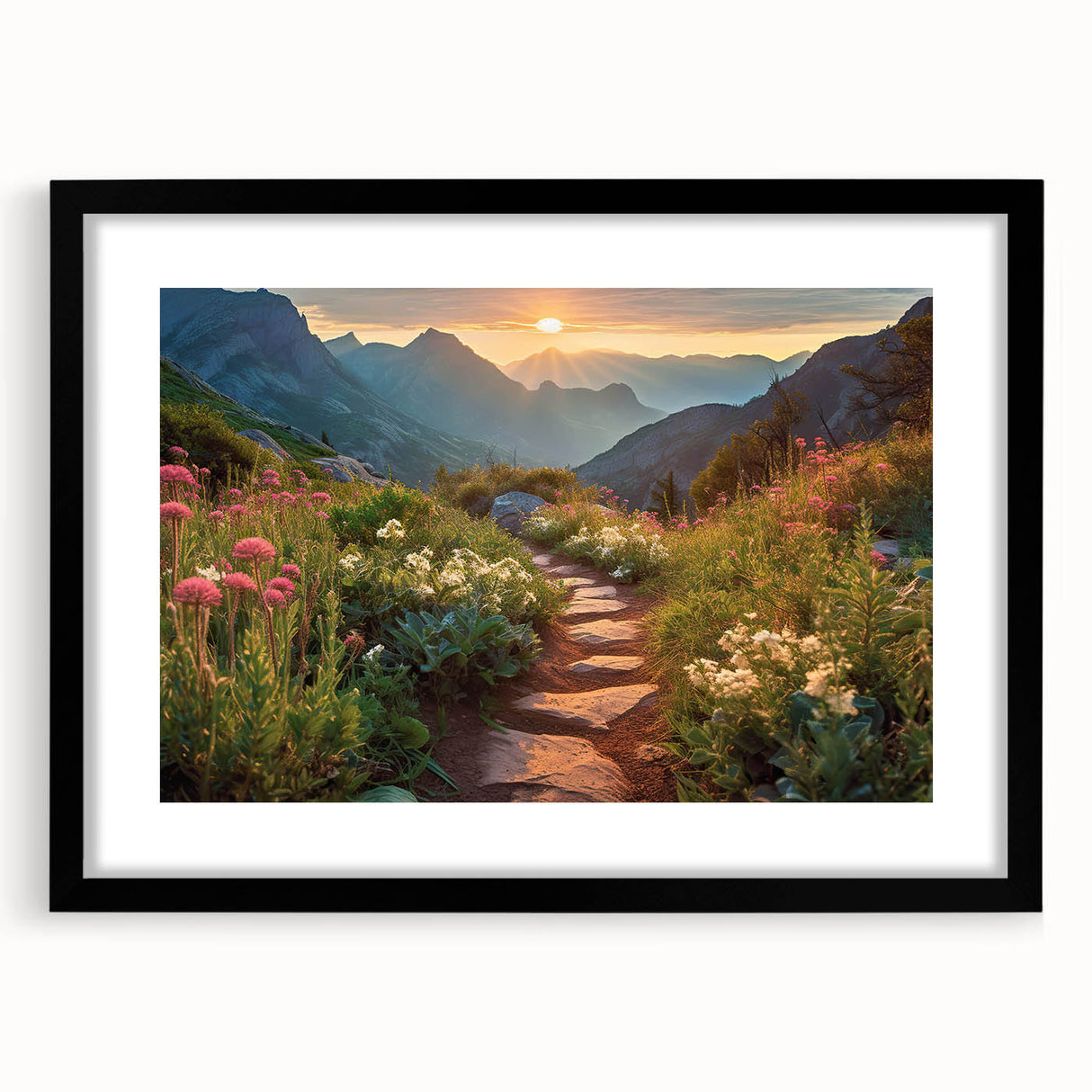 Framed wall art featuring a scenic landscape design with a black mat, presented in a sleek frame, ideal for modern home decor or office spaces.