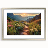 Framed wall art showcasing a serene landscape with winding roads, presented in a sleek silver frame with matting, ideal for enhancing home decor.
