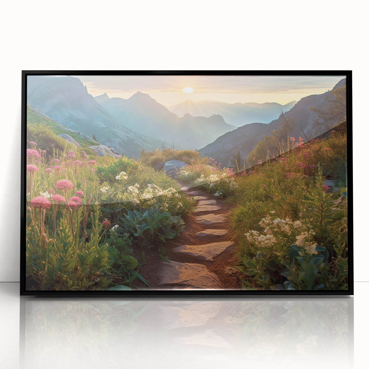 Framed acrylic wall art featuring a modern landscape design with winding roads and lush greenery, set against a black frame. Ideal for contemporary home decor.