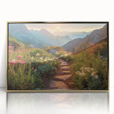 Framed acrylic wall art featuring a modern landscape design with roads, showcasing shades of gold and earthy colors, perfect for contemporary home decor.