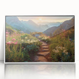 Framed wall art depicting a vibrant landscape with winding roads and lush greenery, set against a white background, perfect for home decor or office settings.