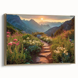Framed canvas wall art showcasing a scenic landscape with winding roads and vibrant colors, accented with a gold frame, perfect for enhancing modern decor.