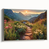 Framed canvas wall art showcasing a serene landscape with winding roads and vibrant greenery, elegantly displayed with a sleek silver frame, perfect for modern home decor.