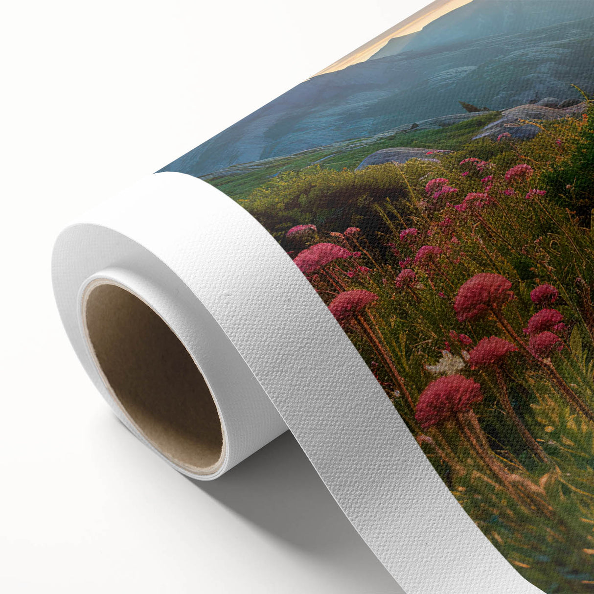 Rolled canvas print showcasing a vibrant landscape road design, featuring lush greenery and a winding path, ideal for home or office decor.