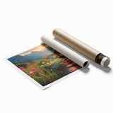 Rolled print of a serene landscape featuring winding roads and vibrant greenery, ideal for home decor. Presented in a protective cardboard tube for delivery.