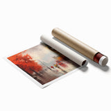 Abstract landscape wall art print showcasing a winding road through vibrant autumn foliage, rolled and packaged in a protective tube for easy display.