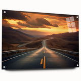 Acrylic glass wall art featuring a vibrant landscape design with winding roads, showcased in a side view with pin mounting, ideal for modern home decor.