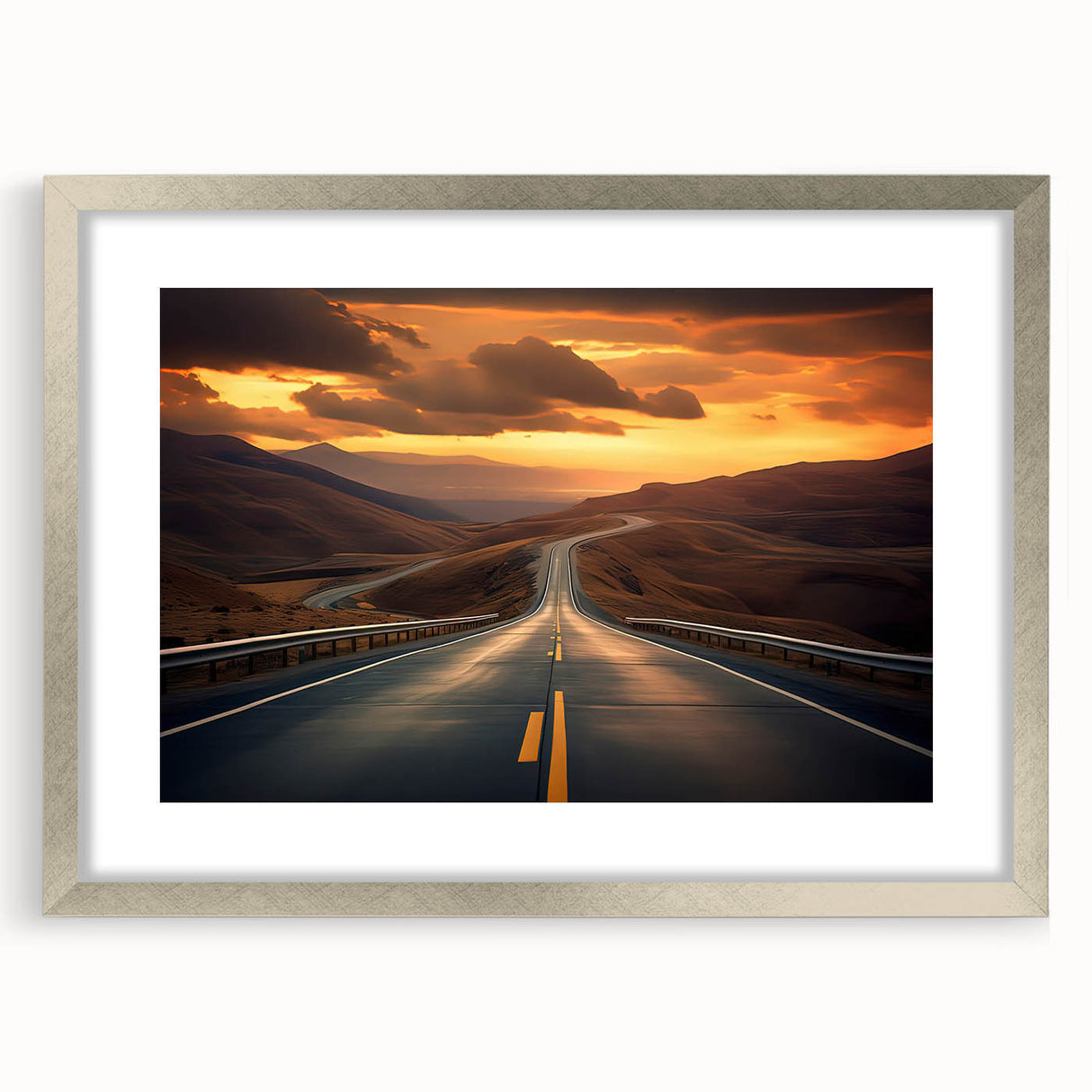 Framed wall art collection showcasing a serene landscape and road design with a silver mat and frame, ideal for enhancing modern home decor.