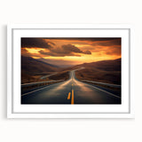 Framed wall art collection showcasing a scenic landscape and road design, featuring a sleek white mat and frame, ideal for home decor and aesthetic enhancement.
